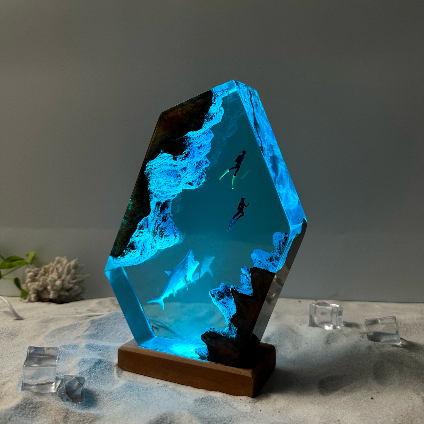 White Shark and couple diver night light